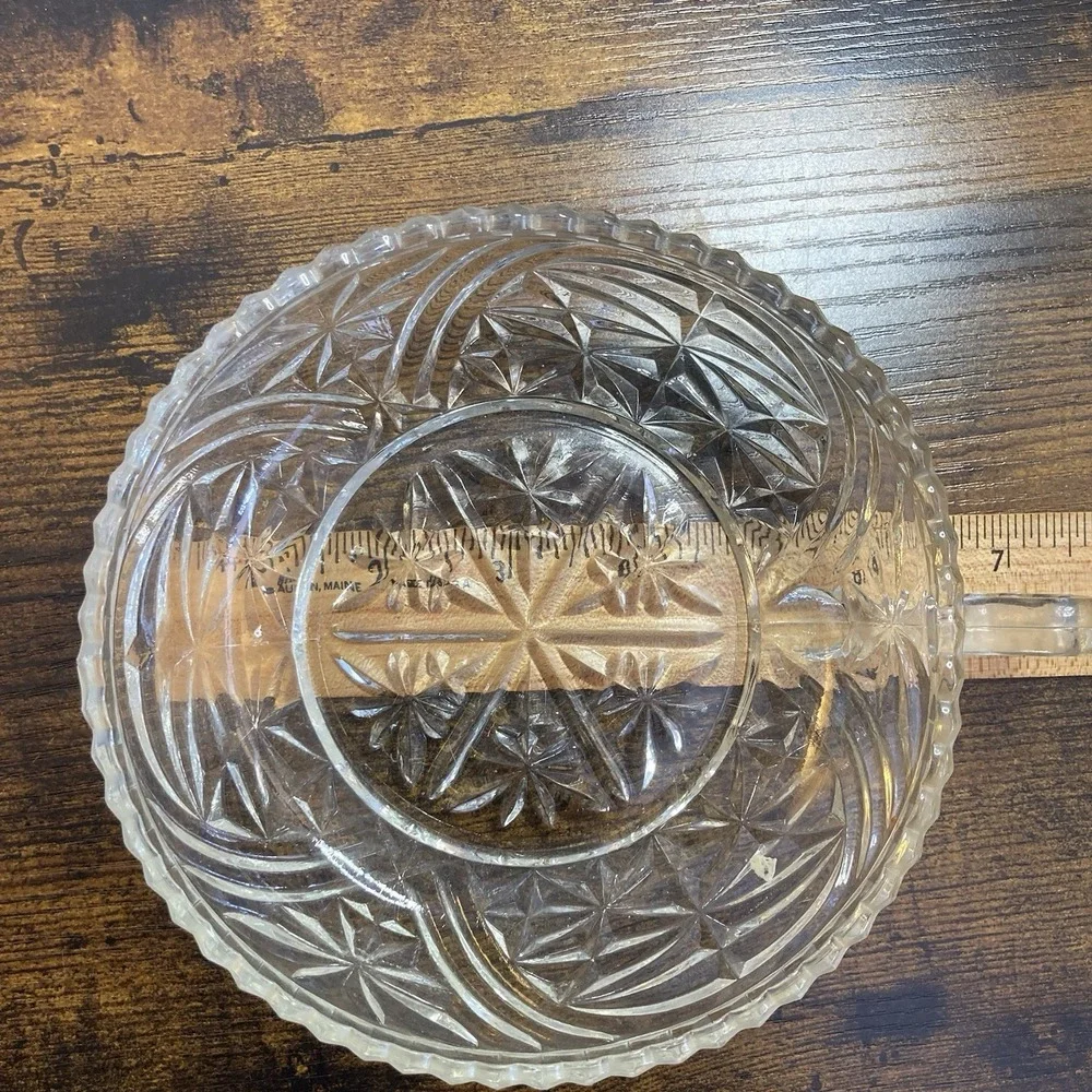 Pressed Glass Clear Handled Candy Dish Starburst Pattern Vtg